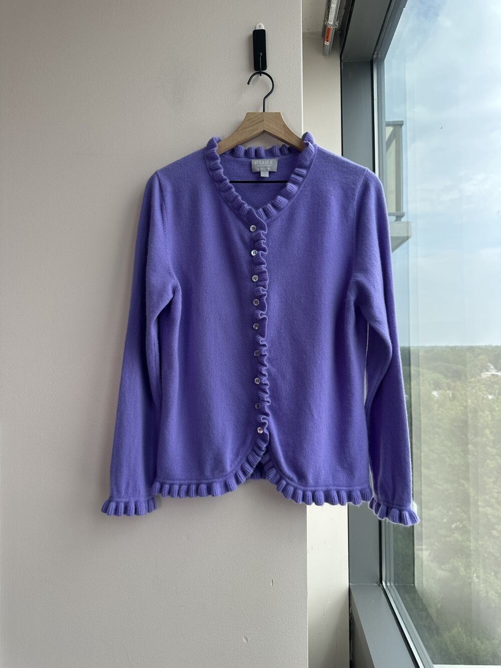 PURE Collection Ruffle Edge Lavender 100% Cashmere Cardigan Sweater Sz 14/16